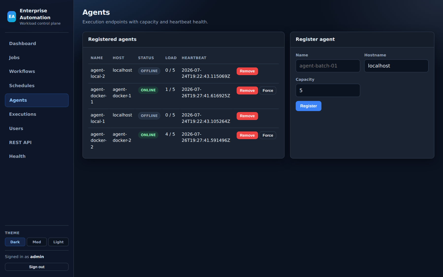 Agents management screen