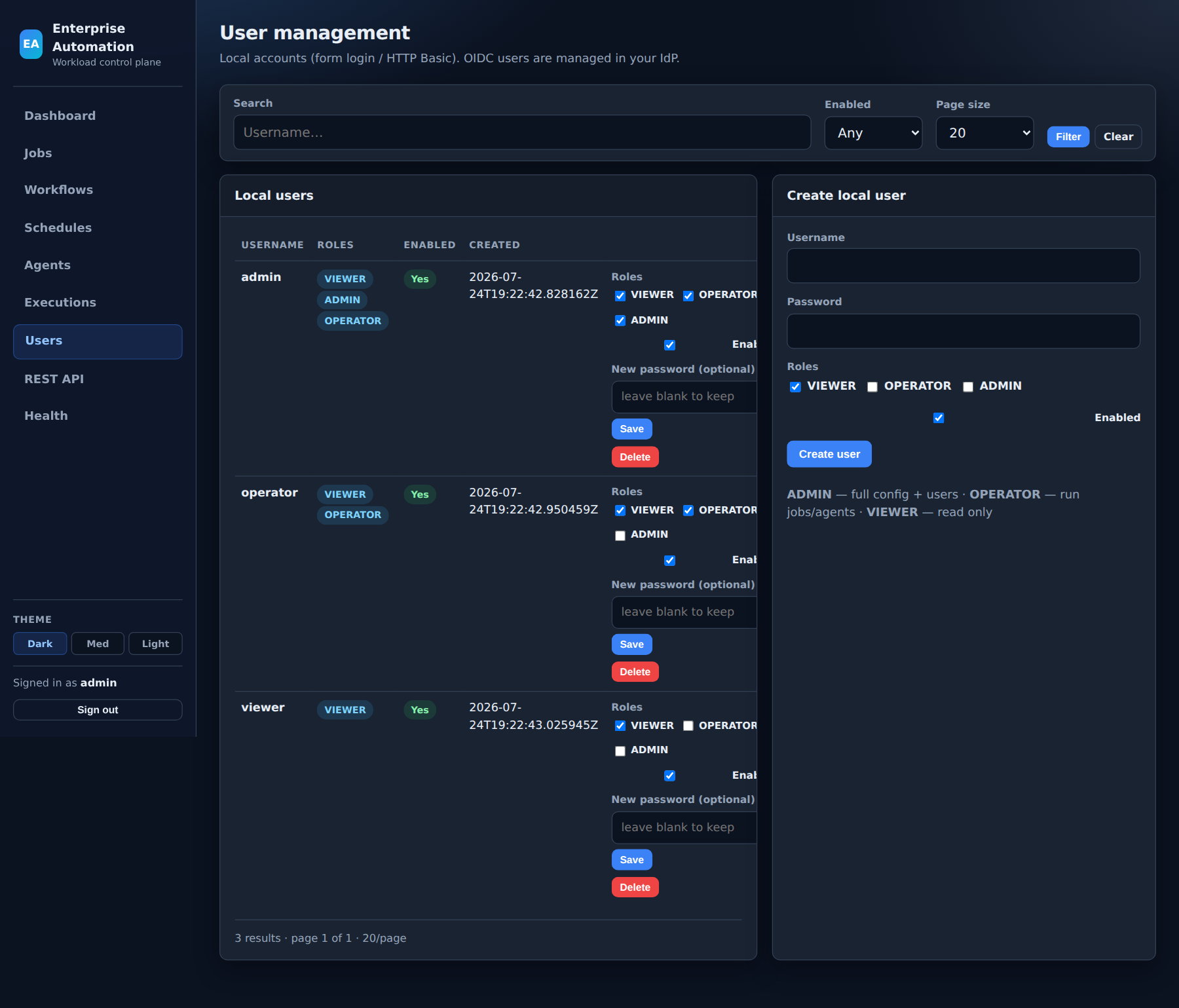 User administration